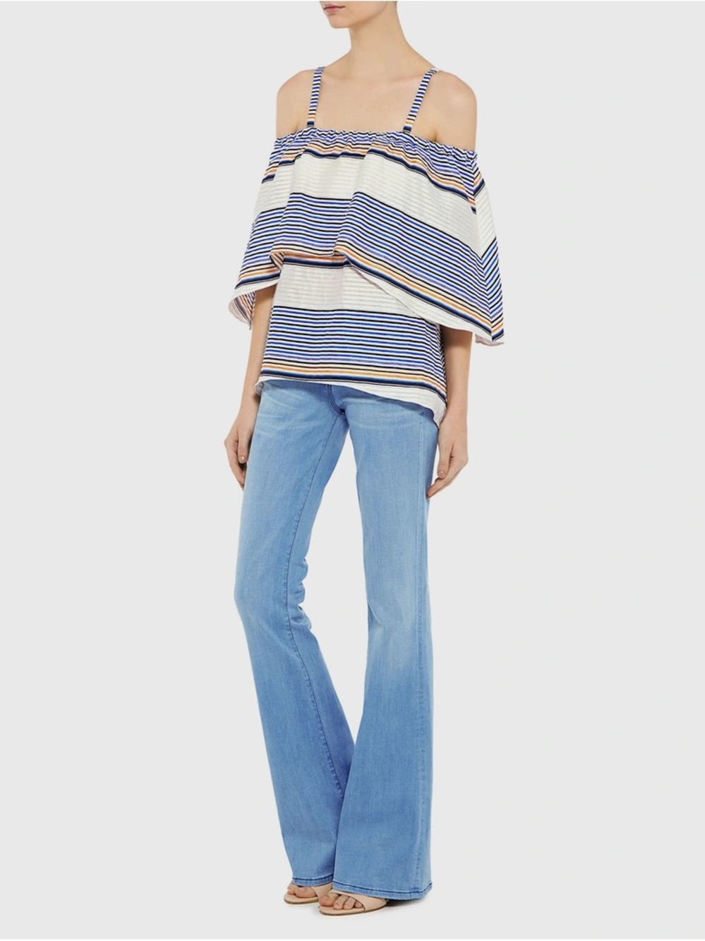 Tanya Taylor, Striped Off-Shoulder Layered Tank Top - Blue & White, Size 6